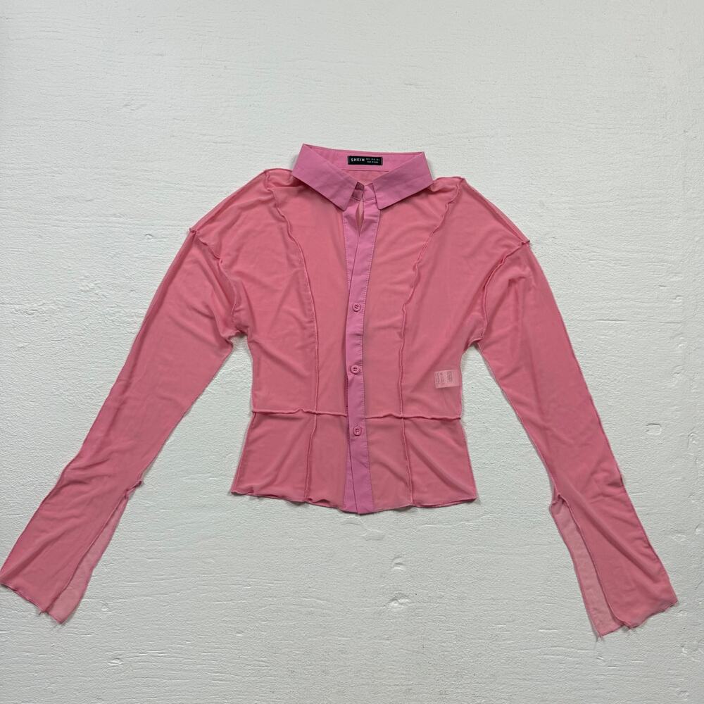 Shein Mesh Patchwork Button Up Pink Long Sleeve Top, Size Small